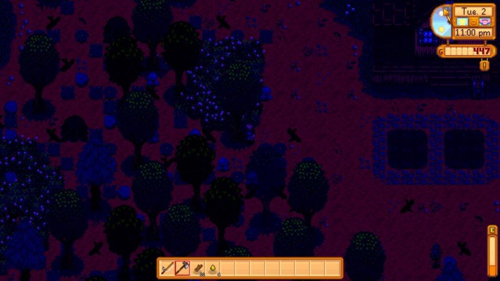 Using the last of my energy late at night in stardew valley