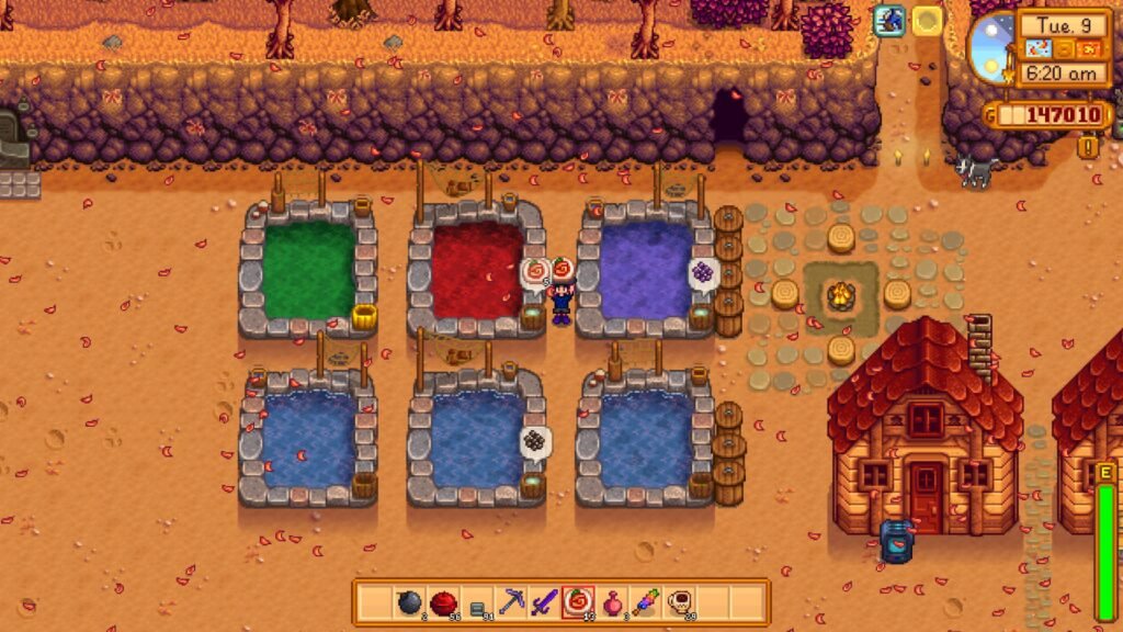 Different coloured fish ponds.